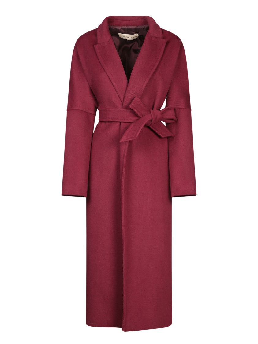 Blanca Vita Bordeaux Belted Long Wool Blend Coat