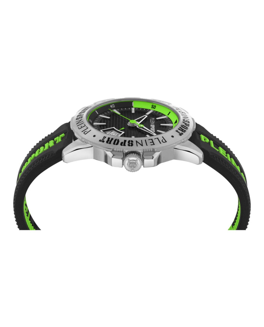 Plein Sport Bold Black Silicone Watch With Vibrant Green Accents