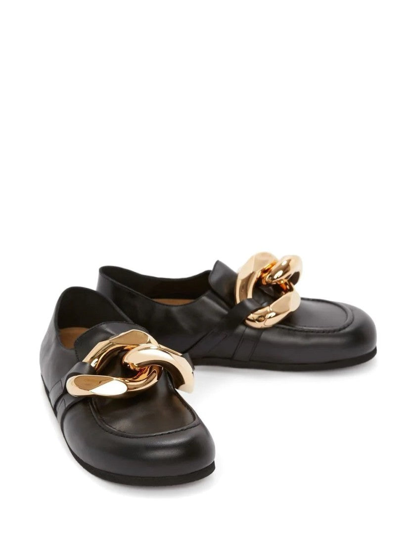 J. W. Anderson Black Leather Loafers With Oversized Gold Chain Detail