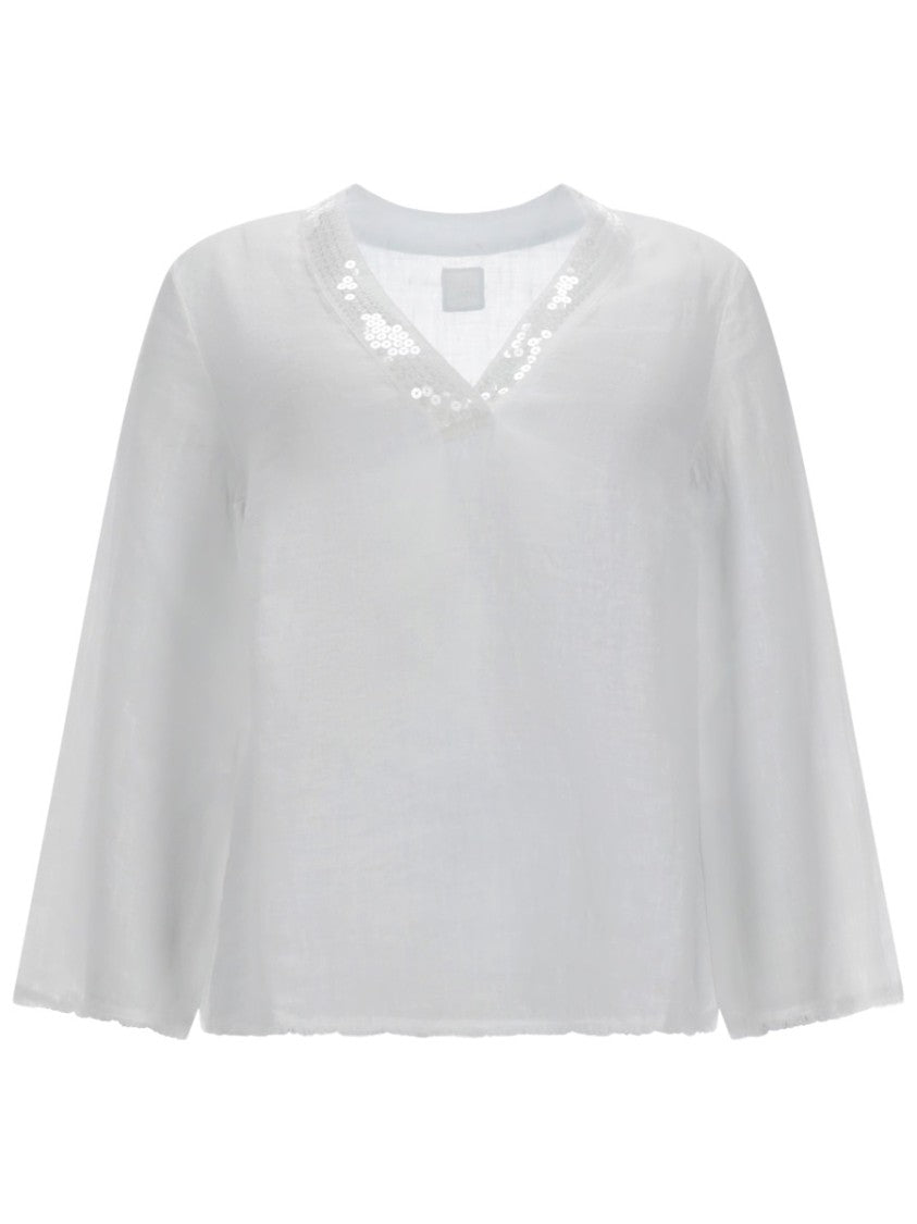 120% Lino Neutrals V Neck Sequin Linen Blouse