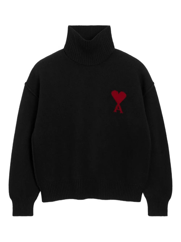 Ami Paris Funnel Neck Knitwear With Embroidered Heart Detail