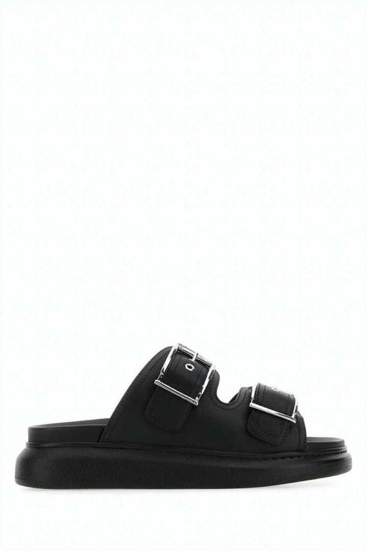 Alexander Mcqueen Flat Mules With Dual Silver Buckles And Cushioned Sole