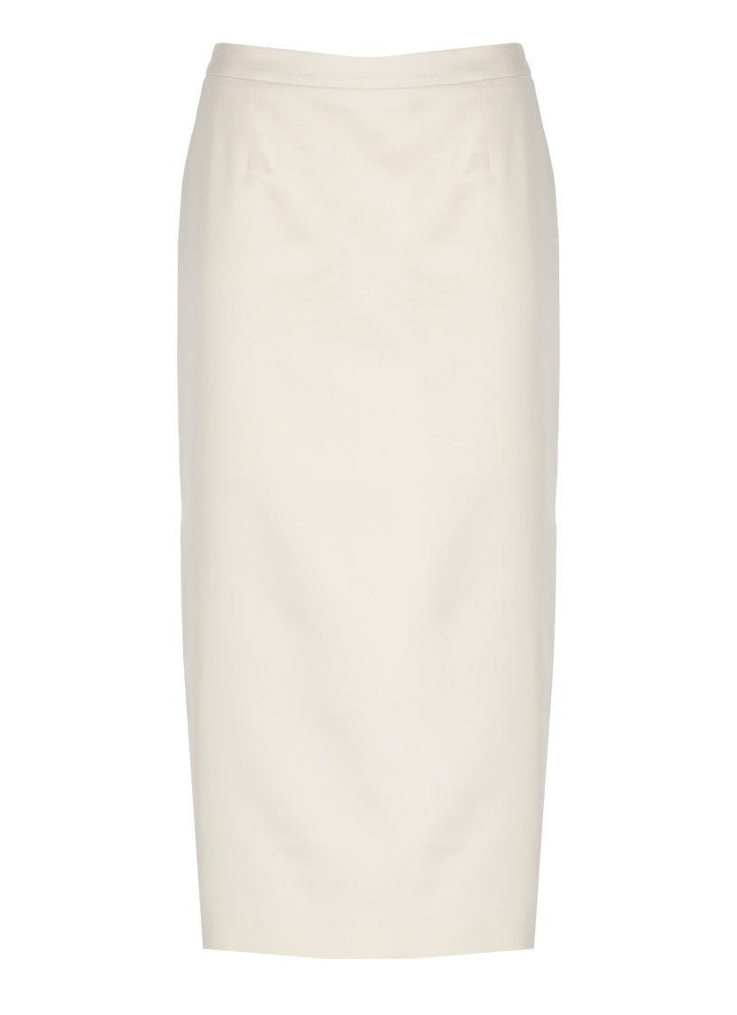Pt Torino Ivory Cotton And Viscose Midi Skirt With Side Zip And Rear Vent