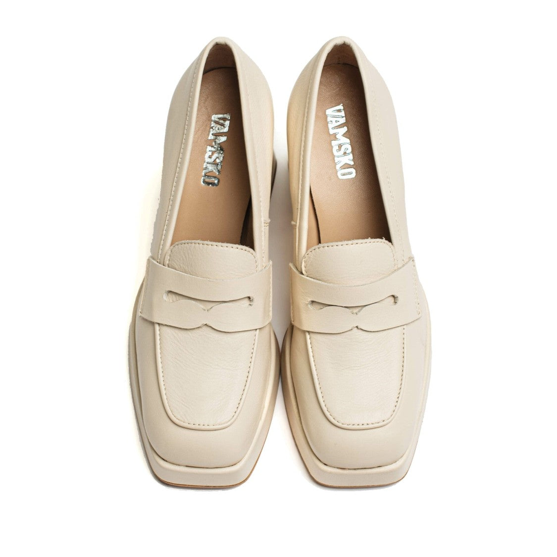 Vamsko Greta Beige High Block Heel Leather Loafer Pumps