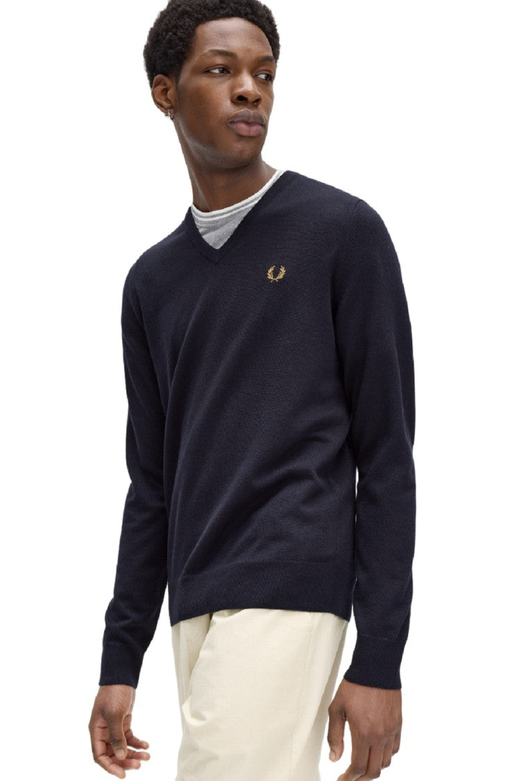 Fred Perry Blue Wool/Cotton Blend V-Neck Pullover