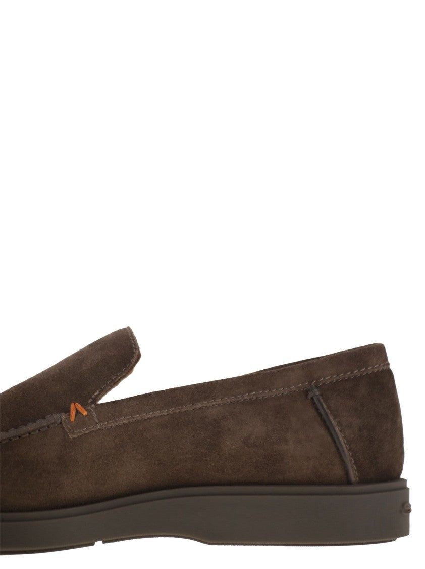 Santoni Brown Suede Loafers With Orange Thread Accents