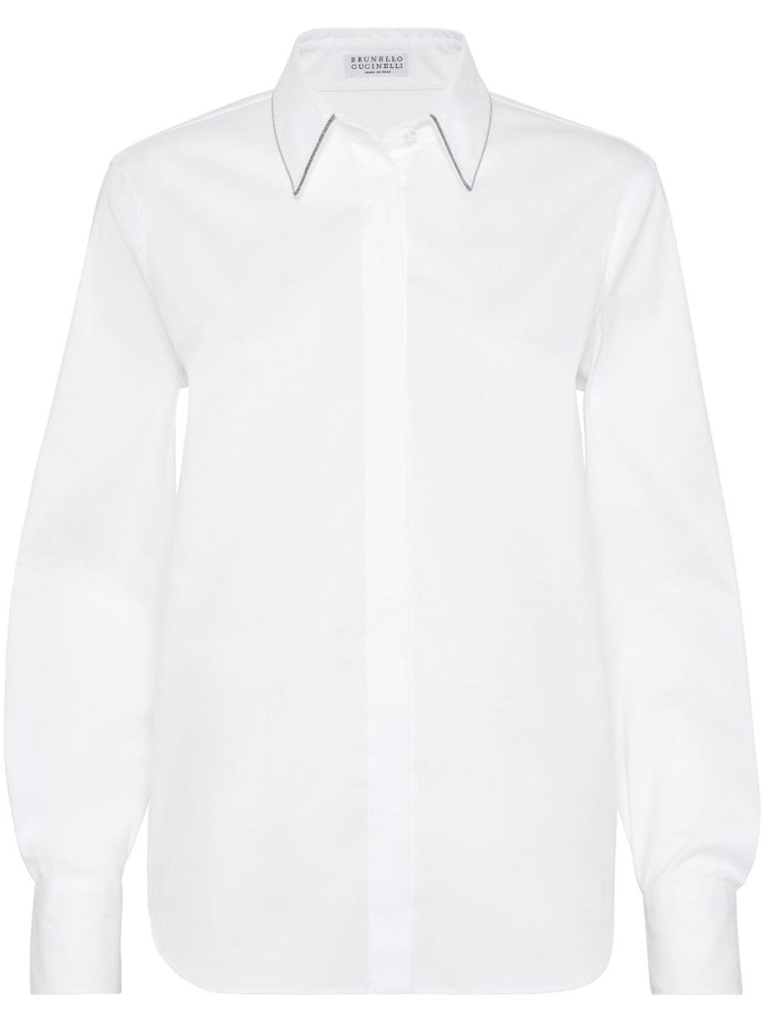 Brunello Cucinelli White Monili Chain Collar Cotton Shirt