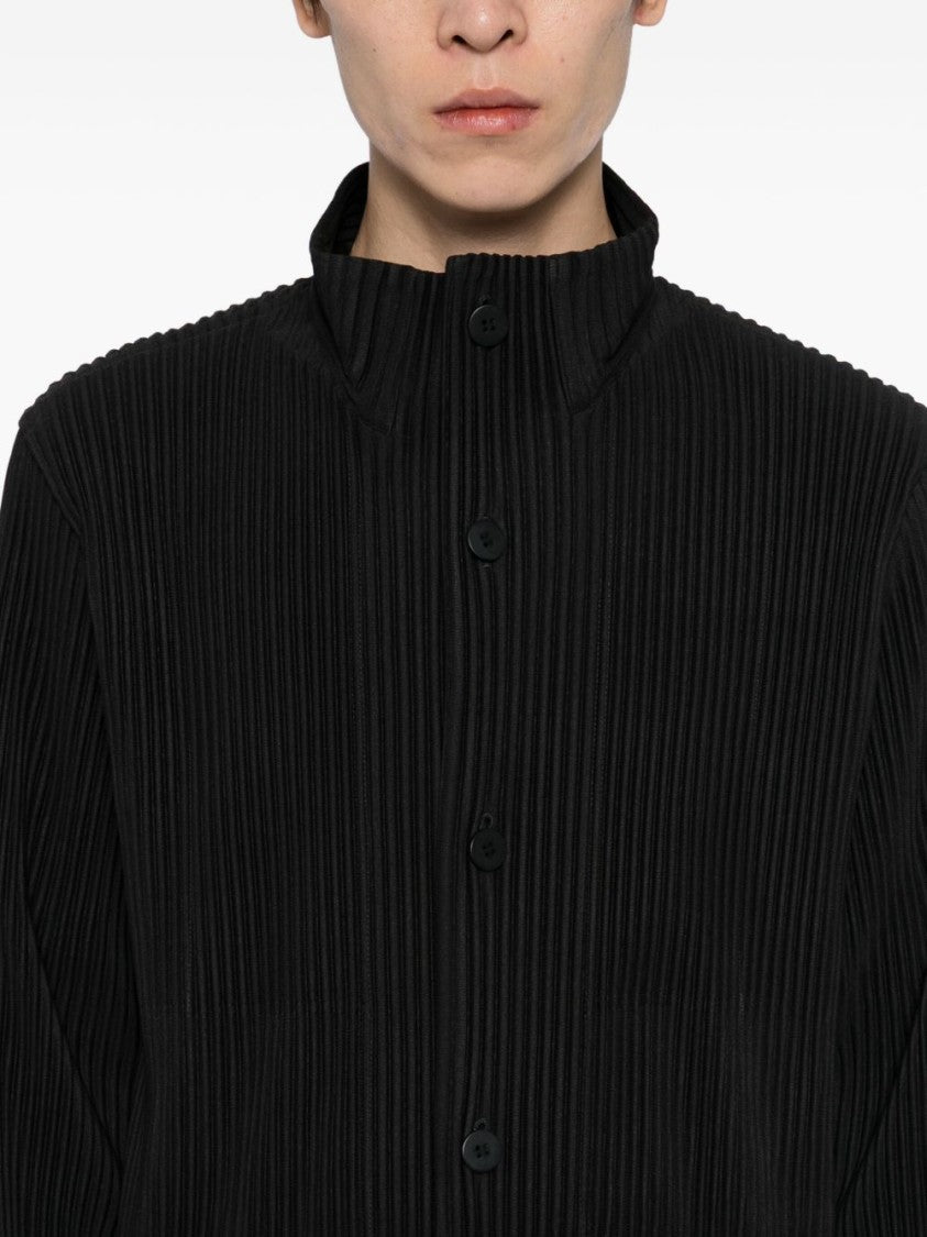 Homme Plissé Issey Miyake Textured Black Shirt With Stand Collar