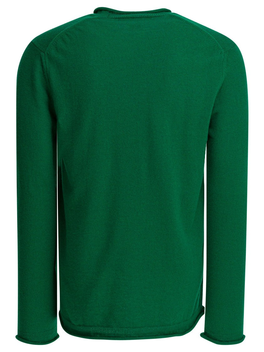 Comme Des Garçons Solid Green Wool Crewneck Sweater With Ribbed Edges