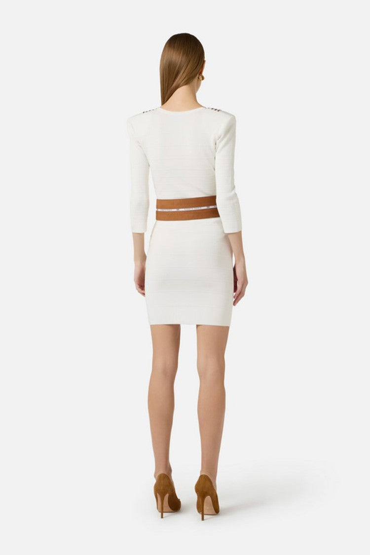 Elisabetta Franchi White Tan Striped Leather Belt Viscose-Blend Dress