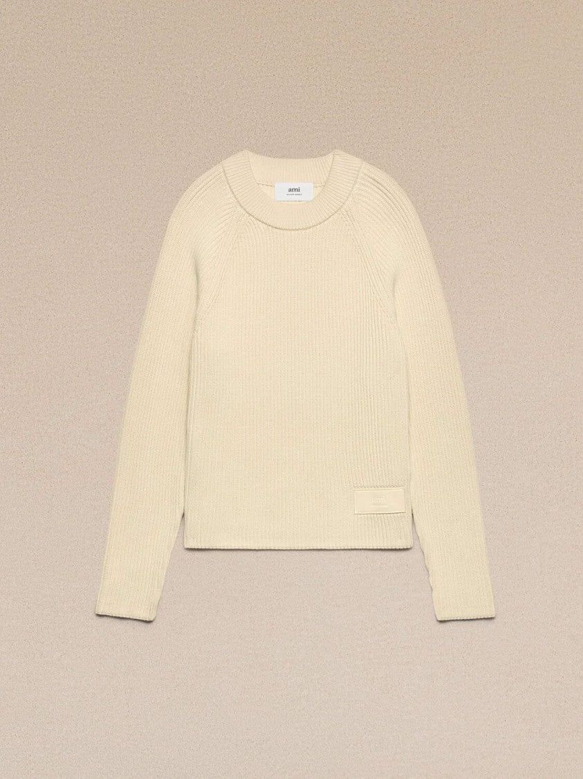 Ami Ribbed Crew-Neck Sweater In Ecru-Beige