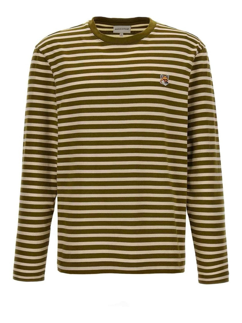 Maison Kitsuné Olive Green And Off-White Striped Long-Sleeve T-Shirt With Embroidered Logo