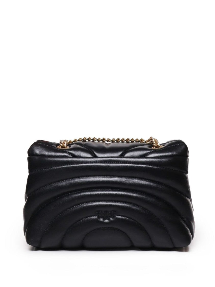 Pinko Quilted Black Calf Leather Foldover Bag With Love Birds Buckle