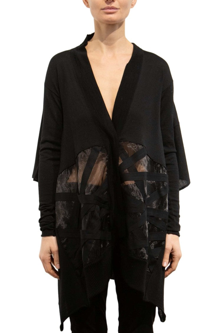 Pier Antonio Gaspari Black Sheer Panel Asymmetrical Loose-Fit Cardigan