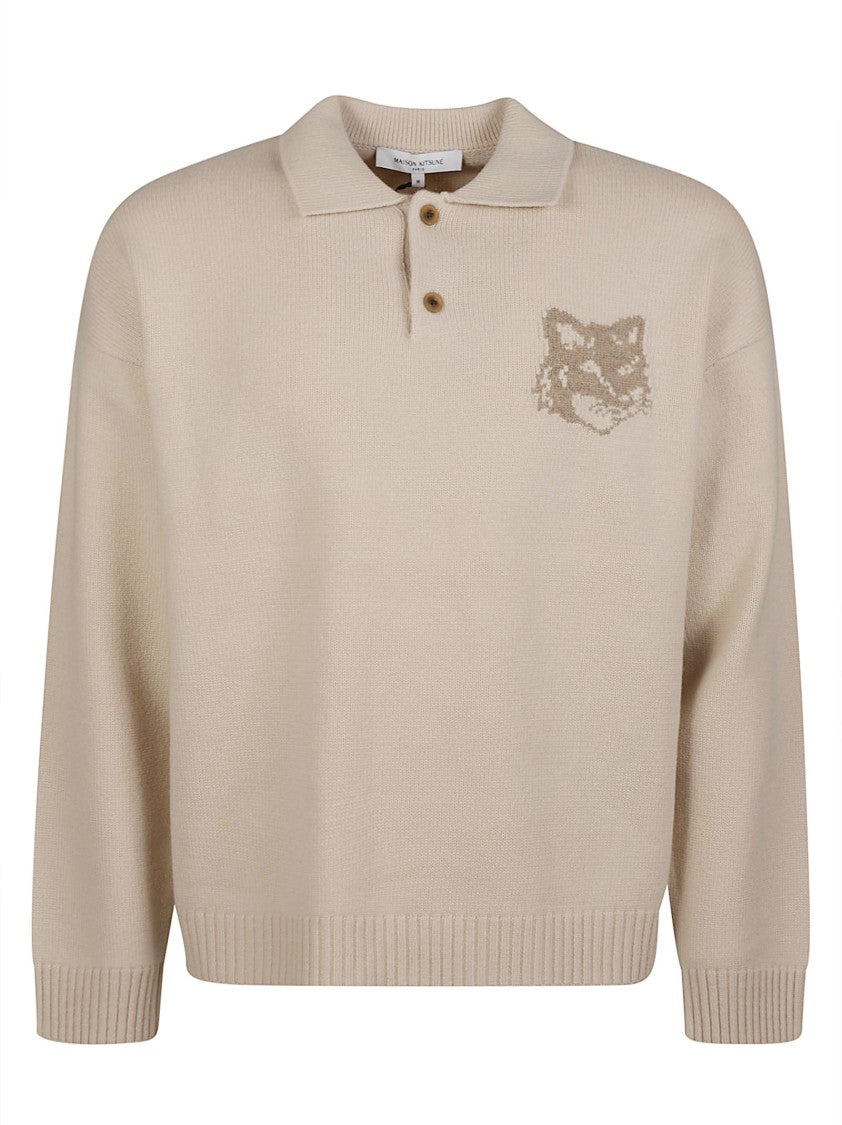 Maison Kitsuné Fox Head Intarsia Wool Polo Sweater