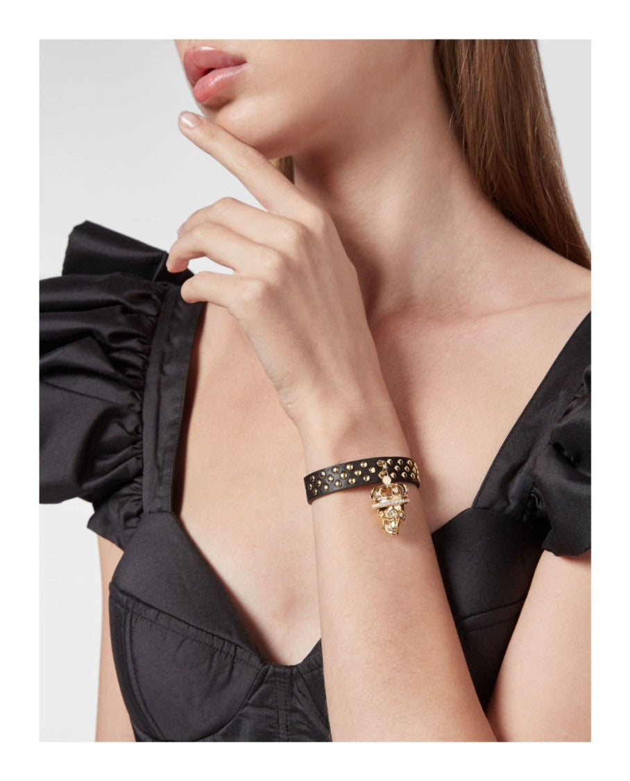 Philipp Plein Skull-Embellished Calfskin Leather Bracelet With Preciosa Crystals