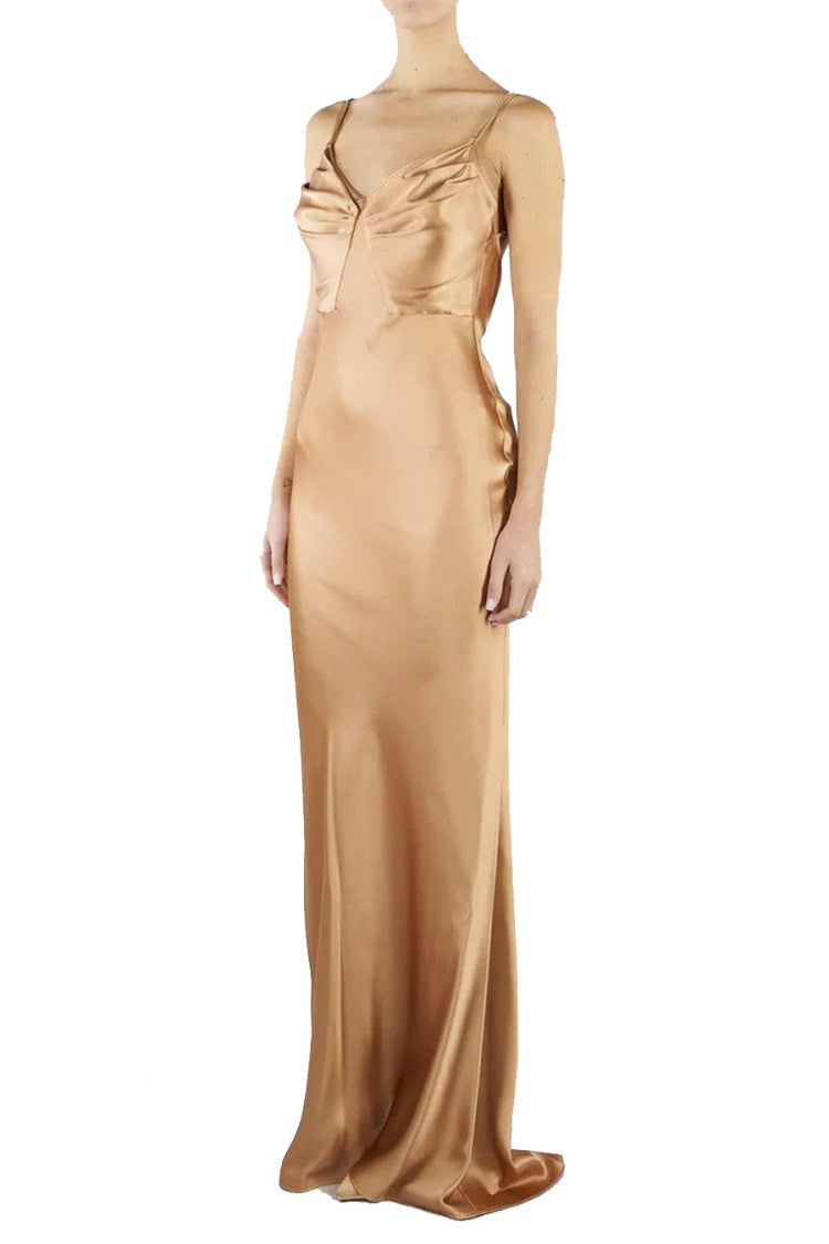 Elisabetta Franchi Gold Polyester-Elastane Tie-Front Slip Gown