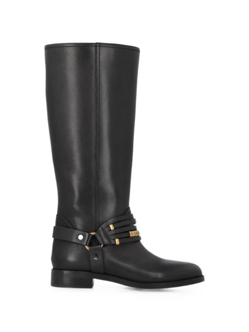Pinko Black Mid-Calf Decorative Straps Boots