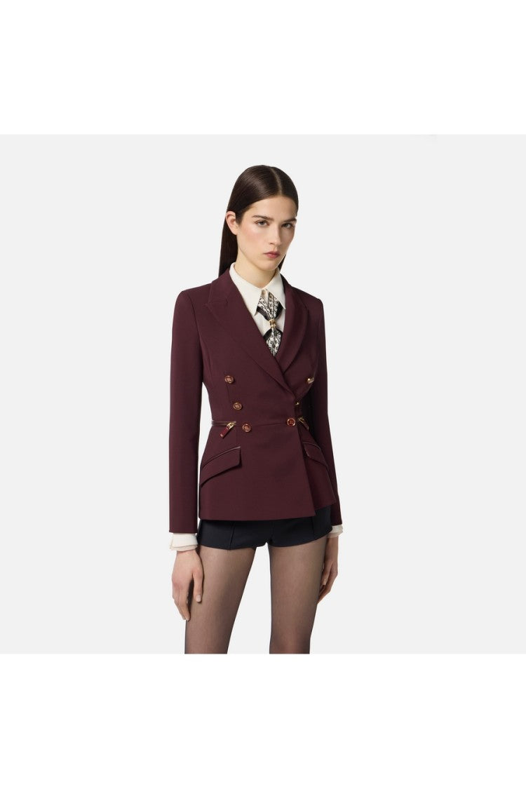 Elisabetta Franchi Merlot Double-Breasted Peak Lapel Polyester-Blend Blazer