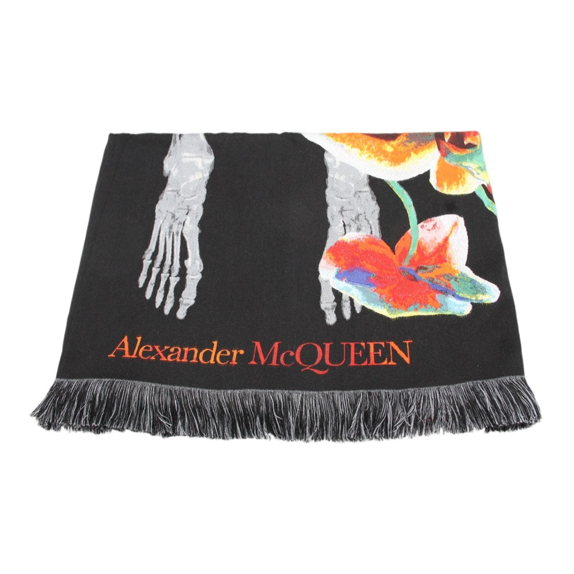 Alexander Mcqueen Fringed Black Scarf With Skeletal Hands And Vibrant Floral Design