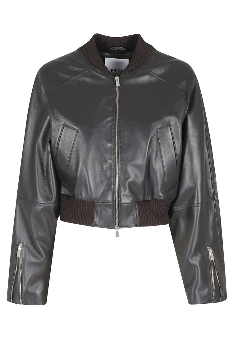 Erika Cavallini Brown Omar Ribbed-Finish Zipper-Cuff Leather Bomber Jacket