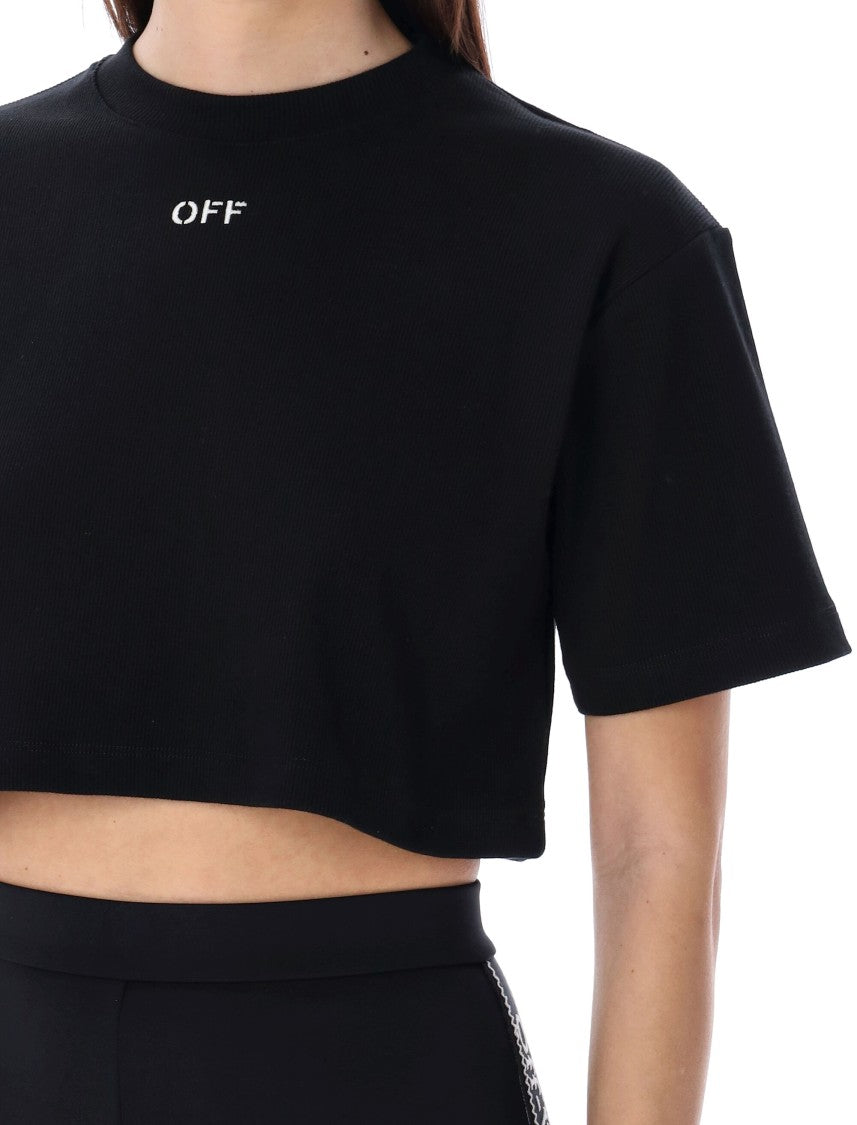Off-White Ribbed Jersey Cropped Tee With Embroidered Logo