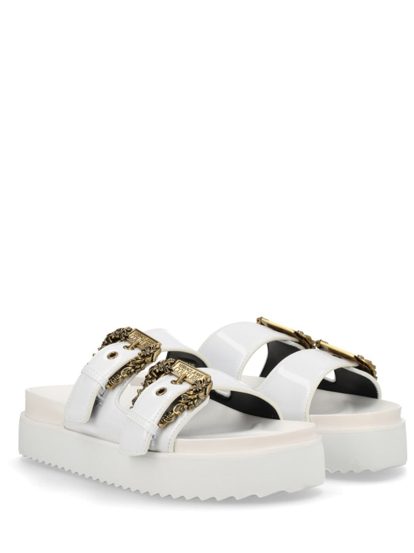 Versace Jeans Couture White Wide Straps Gold Buckles Sandals