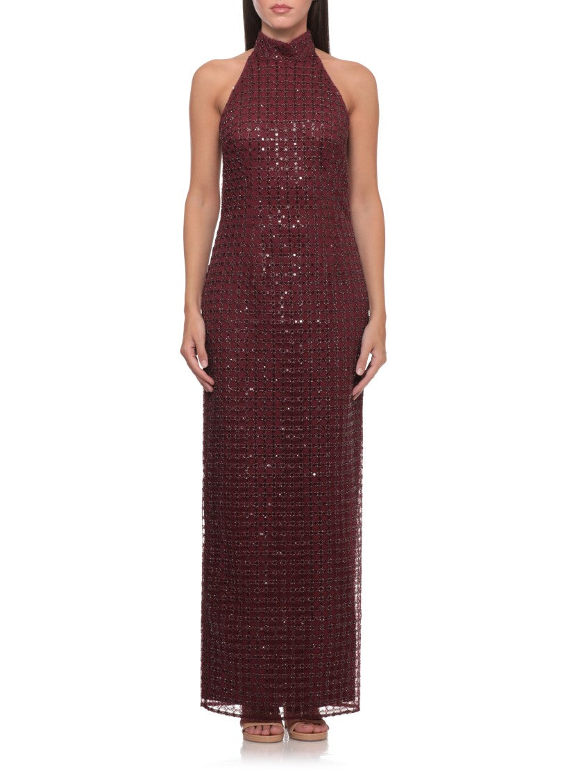 Rotate Burgundy Long Dress With All-Over Beaded Pattern