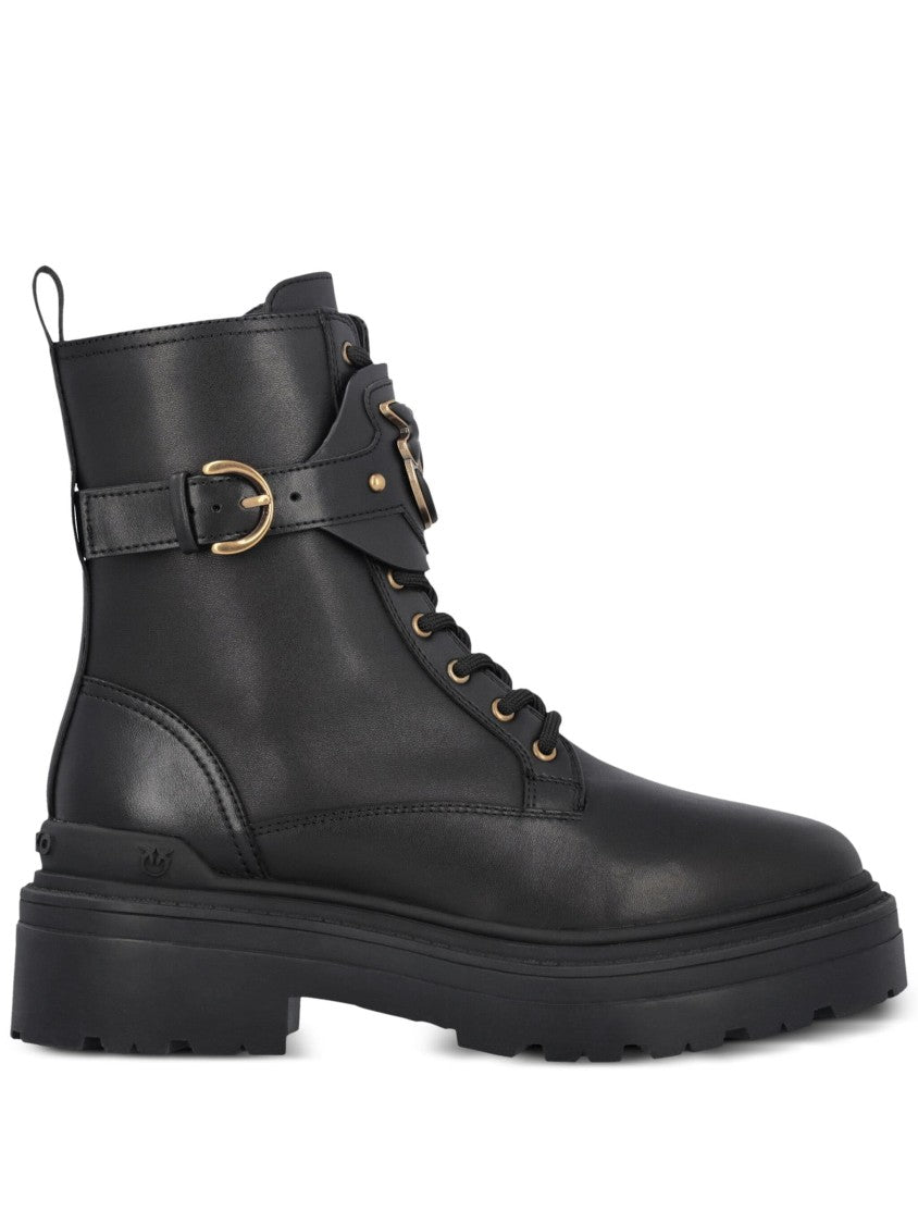 Pinko Black Mia Gold-Tone Buckle Leather Boots