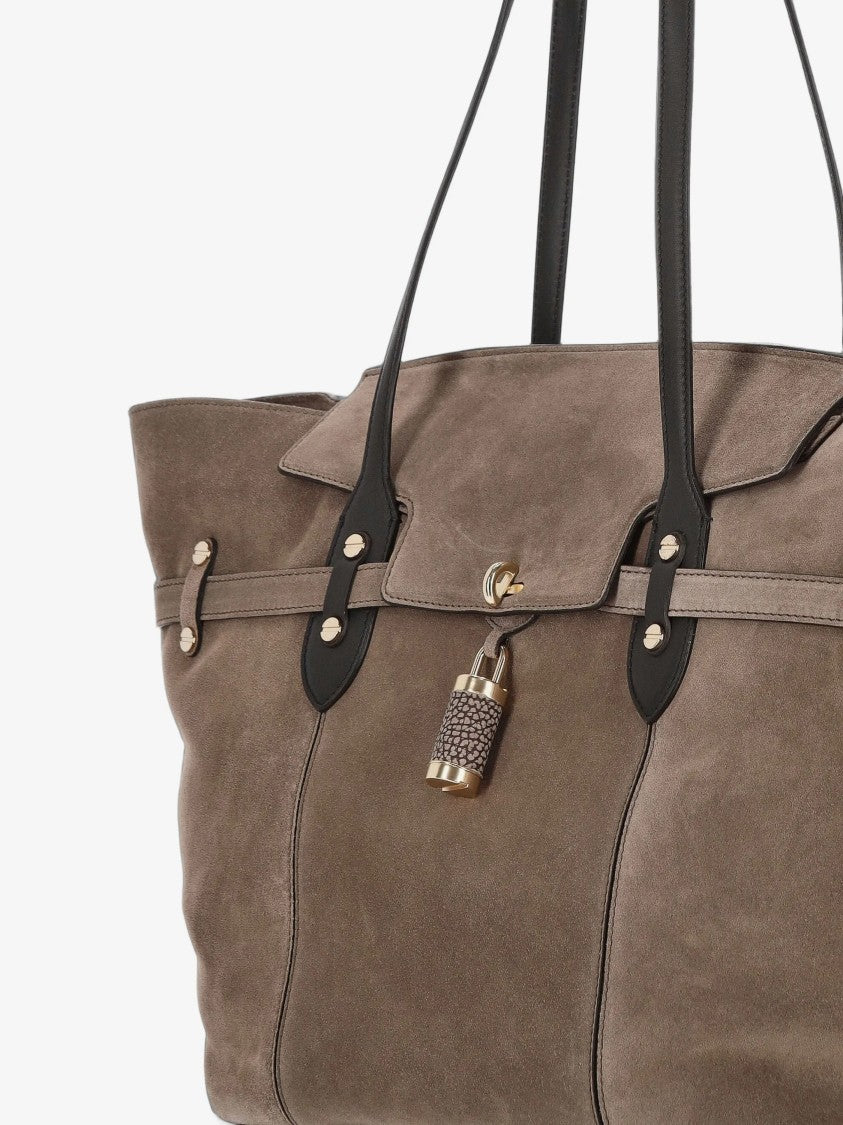 Borbonese Large Taupe Suede Padlock Tote Bag