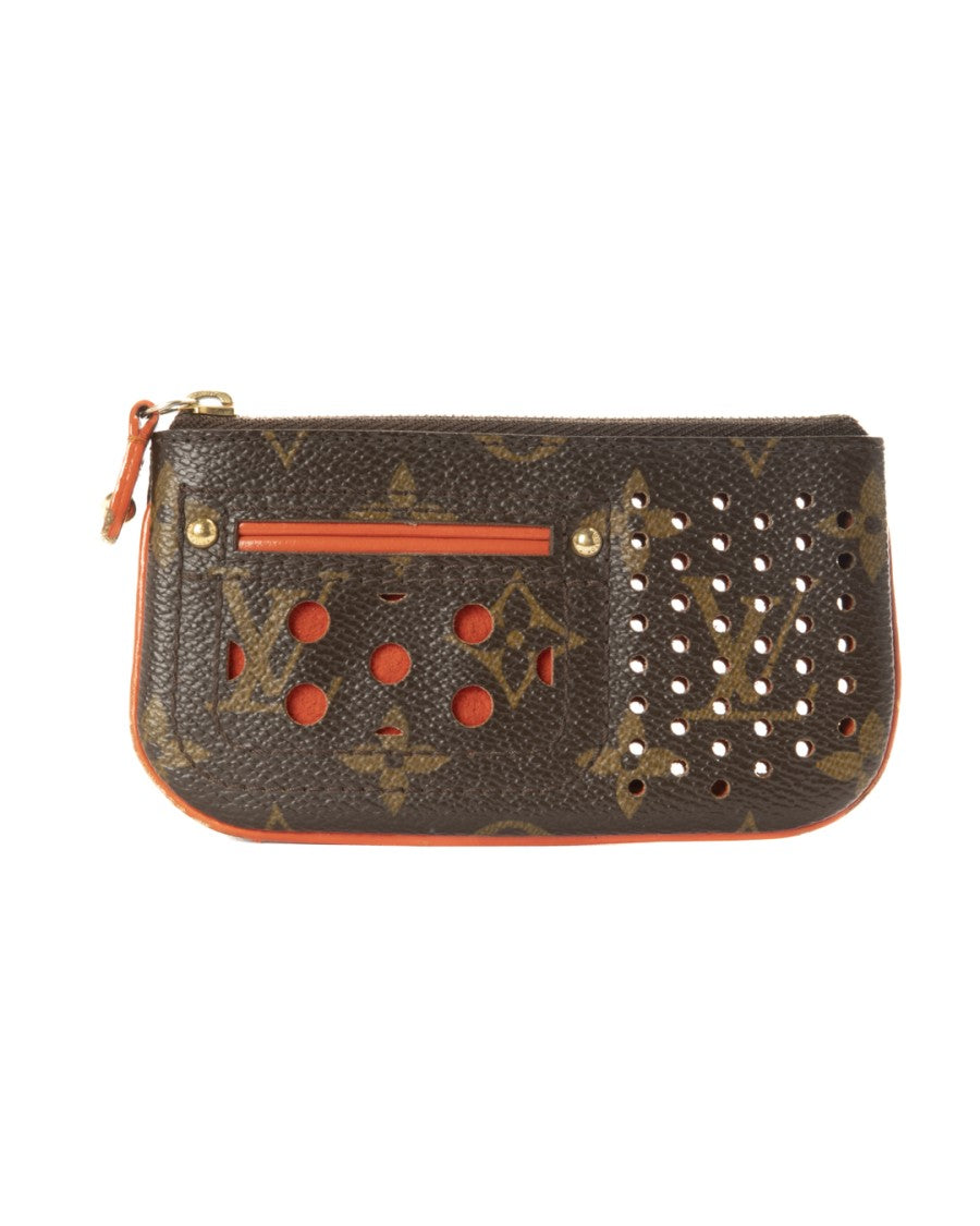 Louis Vuitton Perforated Brown Canvas Keychain With Orange Leather Accents