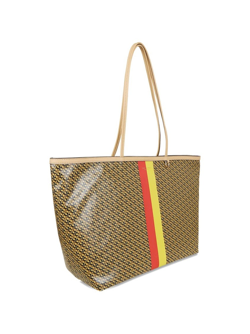 Tory Burch Textured Beige Shopper Bag With Geometric Pattern And Striped Accents