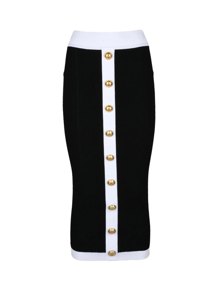 Balmain Fitted Black Midi Skirt With Gold Hardware And Contrasting Trim