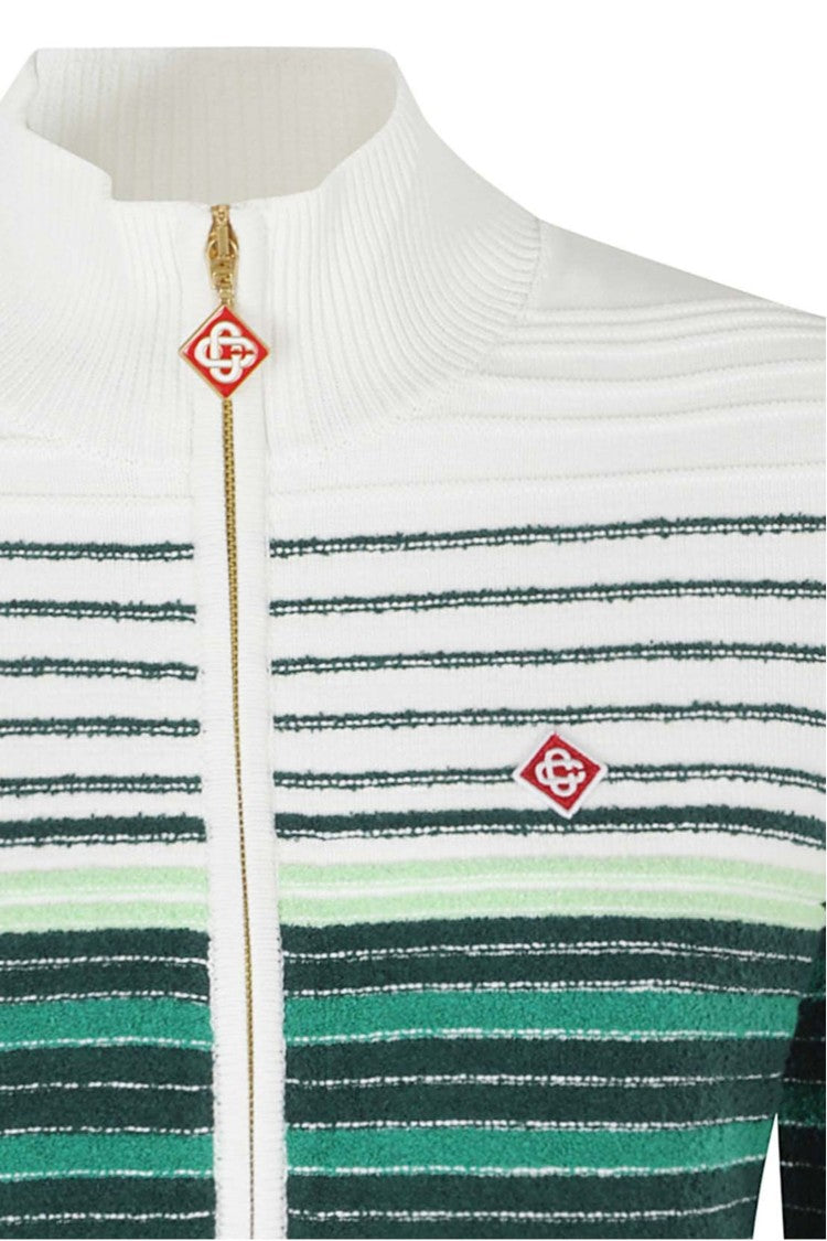 Casablanca Green Boucle Stripe Logo Patch Zip Cotton-Blend Cardigan