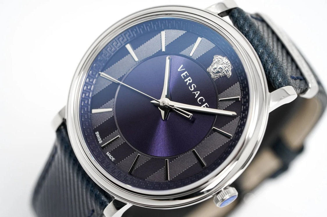 Versace Stainless Steel Quartz Watch With Deep Blue Dial And Calf Leather Strap