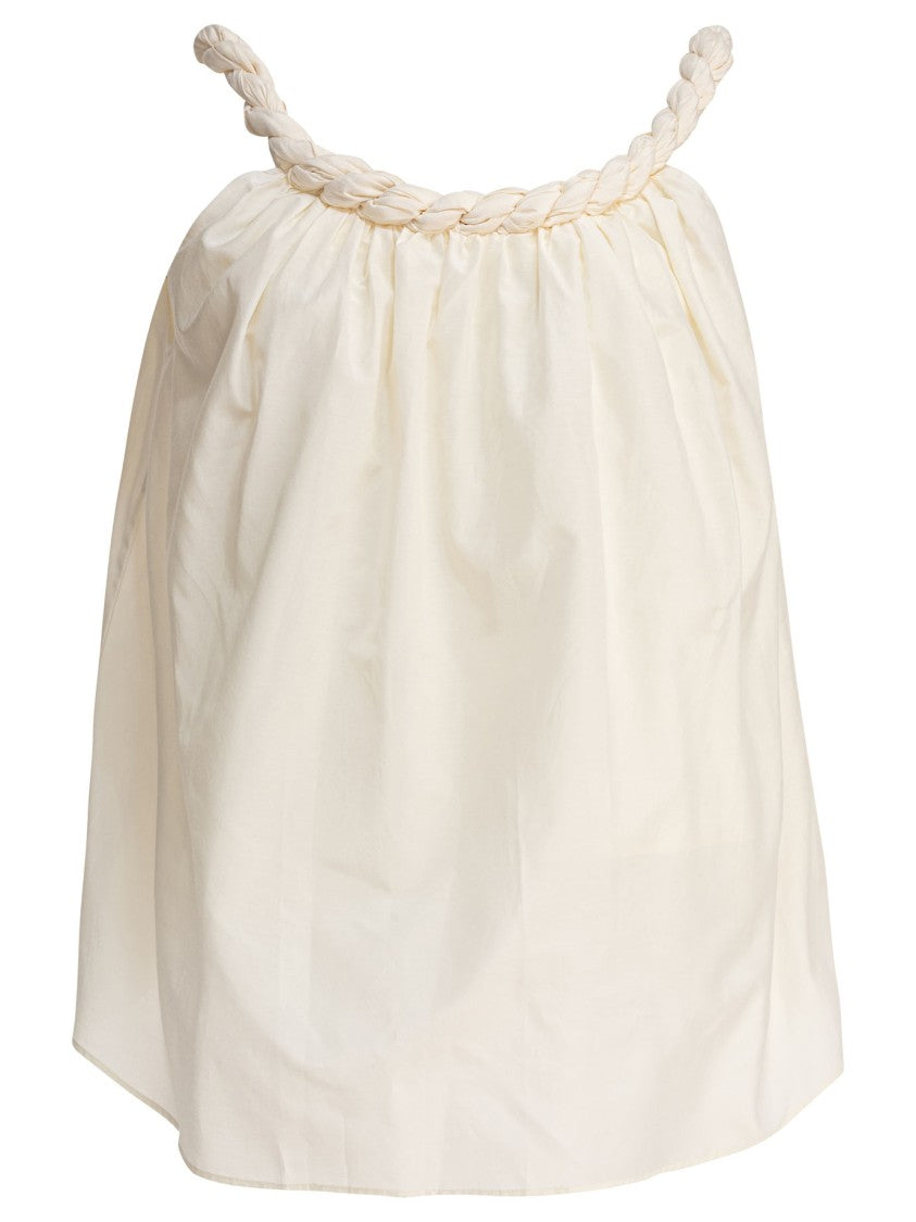 Loulou De Saison Gathered Beige Top With Braided Strap And Flowing Silhouette