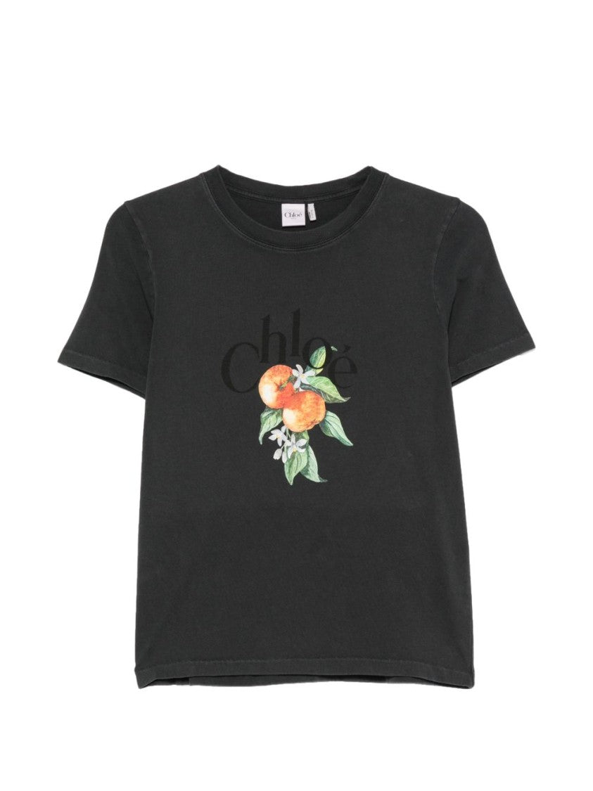 Chloé Black Slightly Cropped Colorful Fruit T-Shirt