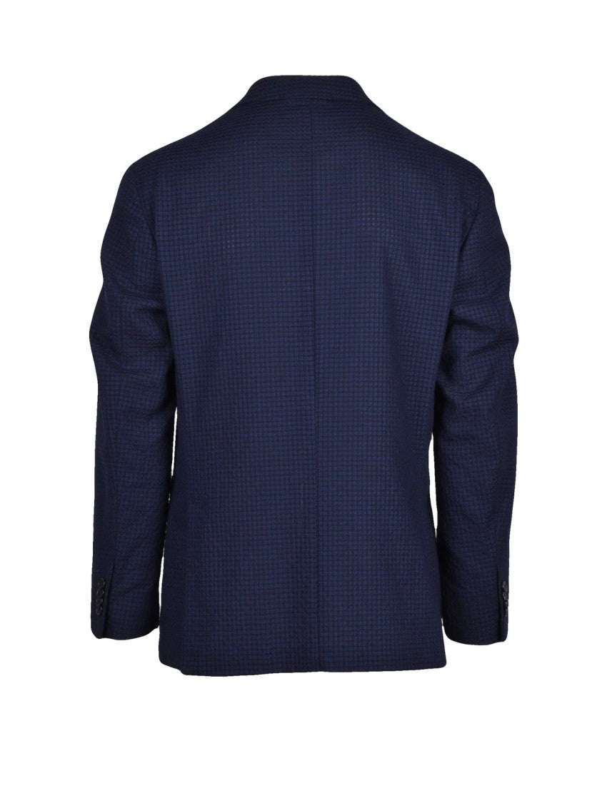 L.B.M. 1911 Blue Structured Deep Checkered Wool-Blend Blazer
