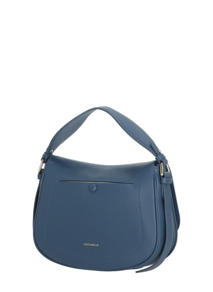 Coccinelle Structured Blue Leather Shoulder Bag With Adjustable Strap