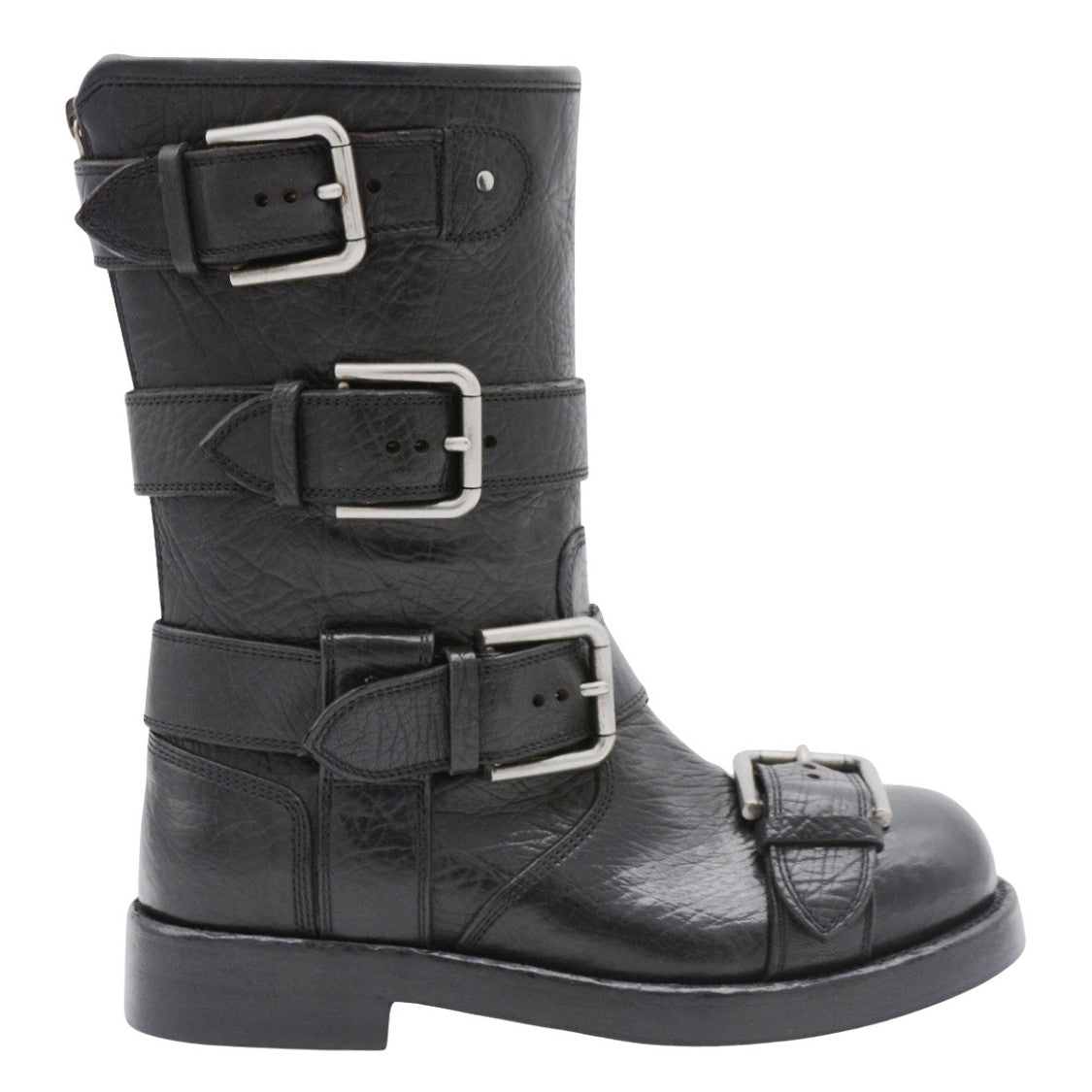 Dolce & Gabbana Mid-Calf Textured Leather Boots With Silver-Tone Buckles