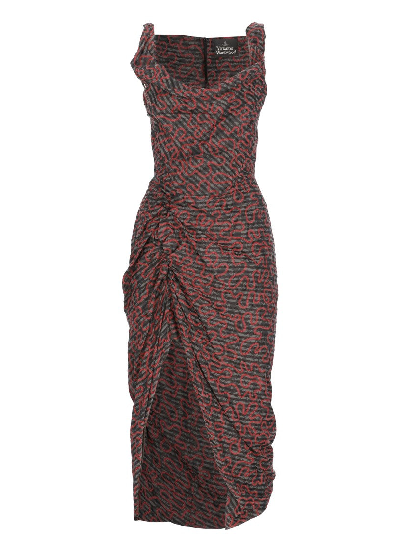 Vivienne Westwood Fitted Cotton Midi Dress With Contrasting Pattern And Ruched Detail