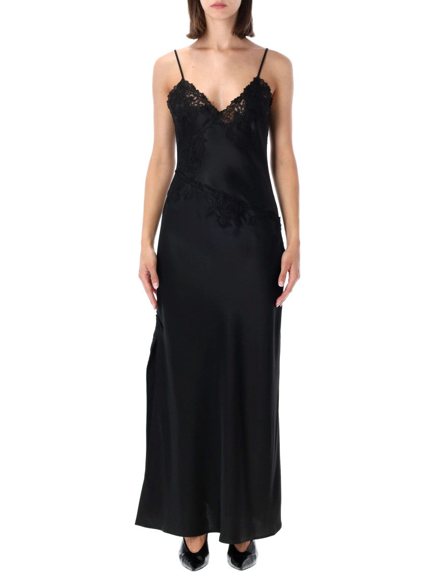 By Malene Birger Long Black Dress With Lace Detailing And Asymmetrical Waist