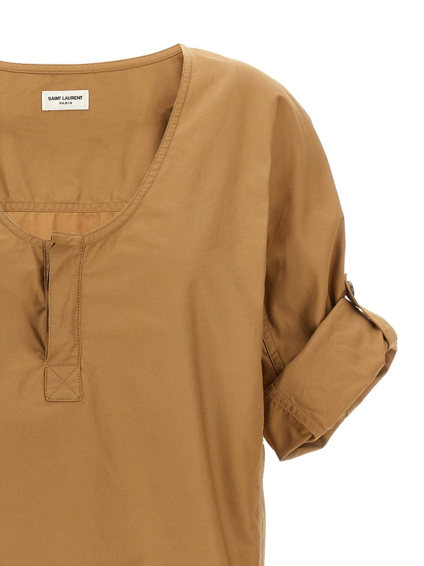 Saint Laurent Brown Twill Blouse With Wide Neck And Adjustable Sleeves