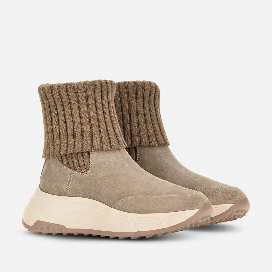 Hogan Ribbed-Knit Cuff Rugged-Sole Ankle Boots