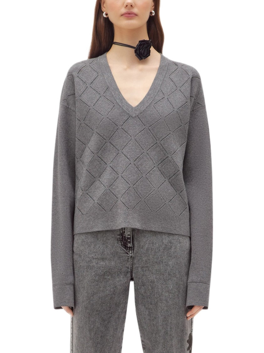 Blugirl V-Neck Grey Sweater With Subtle Diamond Pattern