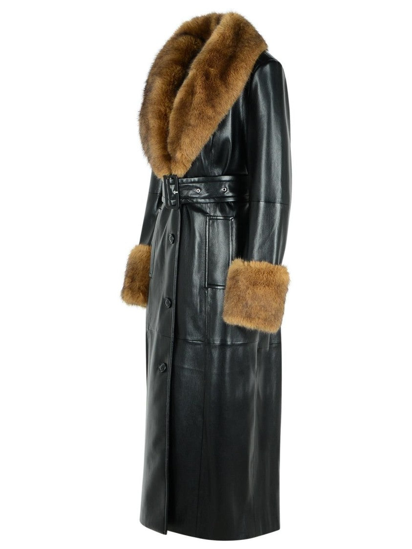 Stand Studio Long Coat With Faux Fur Inserts And Belted Waist