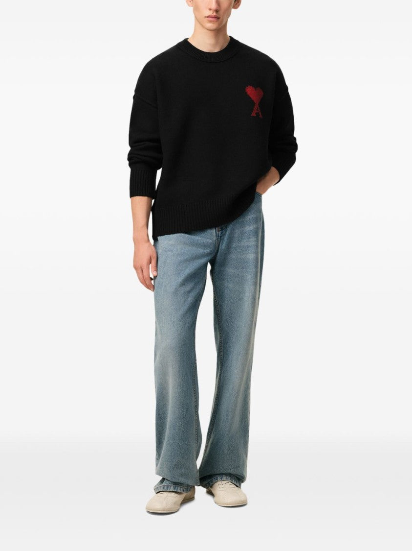 Ami Paris Relaxed Fit Black Sweater With Heart Emblem