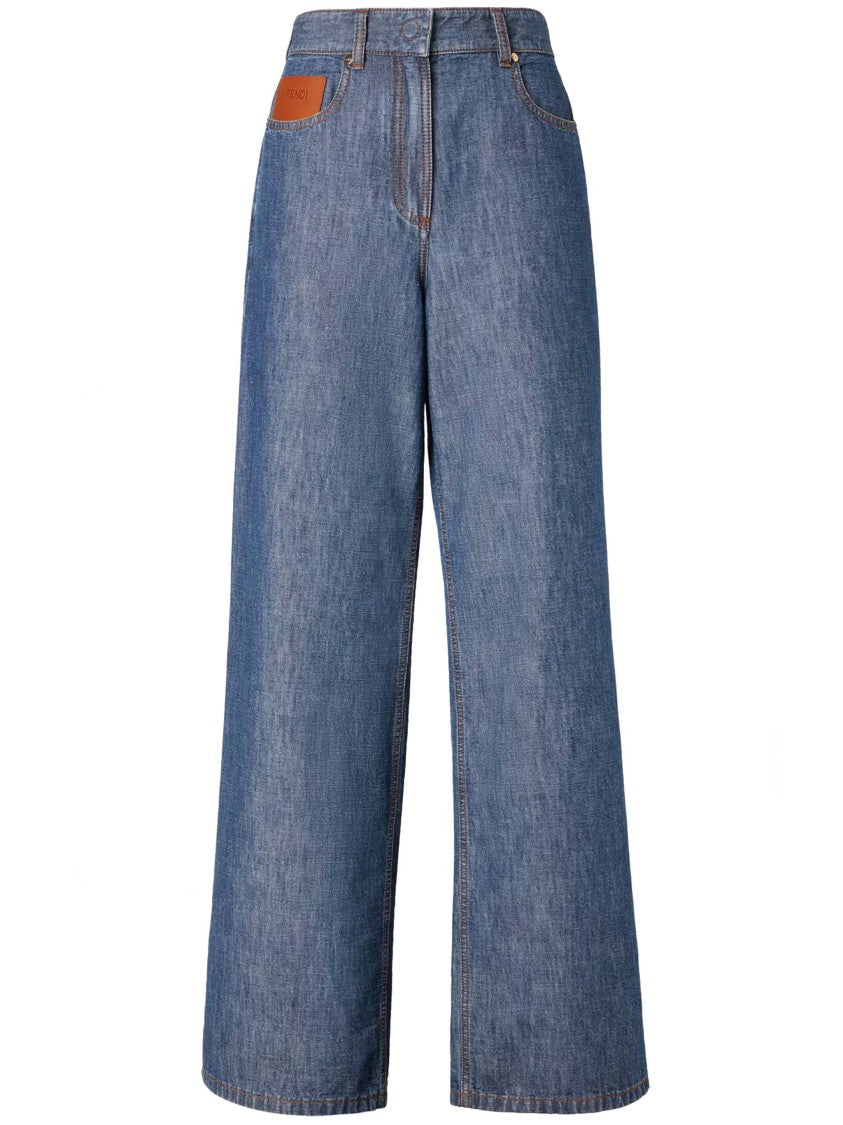 Fendi Wide-Leg Chambray Pants With High Waist And Contrast Stitching