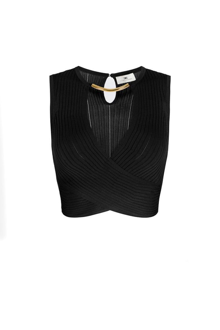 Elisabetta Franchi Black Ribbed Crossover Wrap Jewel Clasp Viscose-Blend Tank Top