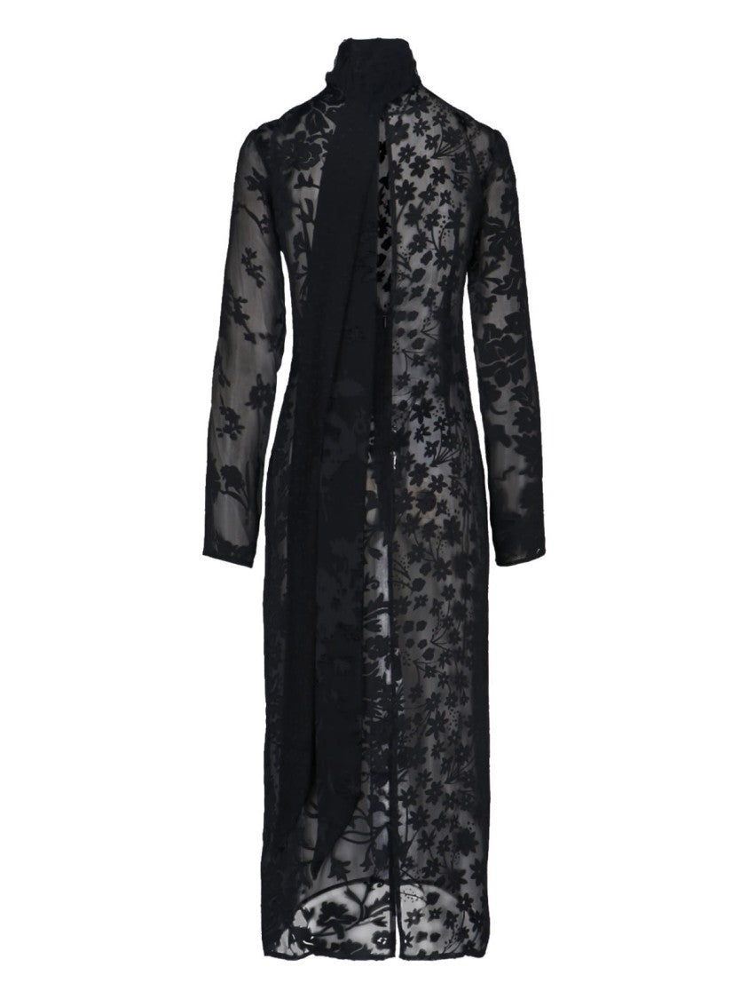 Marine Serre Sheer Black Midi Dress With Floral Patterns And Scarf Detail